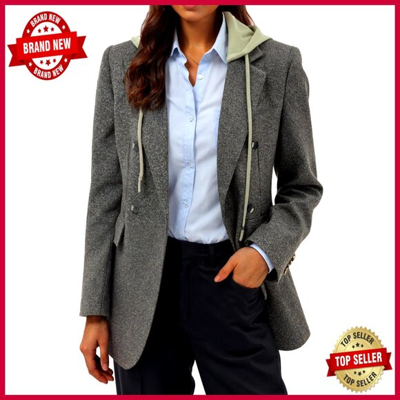 Oversize Hooded Blazer Jacket Double-Breasted Loose Fit Wool Blend Work Office